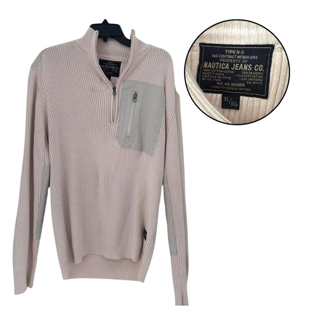 Nautica Jeans Co. Men's XL 1/4 Zip Sweater Beige Gray Ribbed Knit Elbow Patches